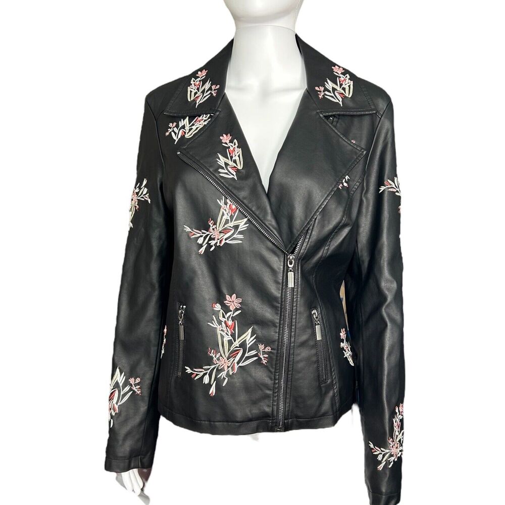 NWT Alfani Embroidered Moto Jacket Black Sz S Faux Vegan Leather Floral Biker - Picture 2 of 12